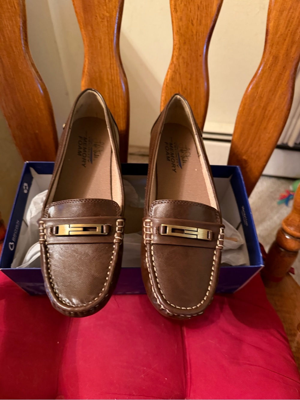 Life Stride Brown Leather Slip-On Moccasin Loafers with Gold Accent